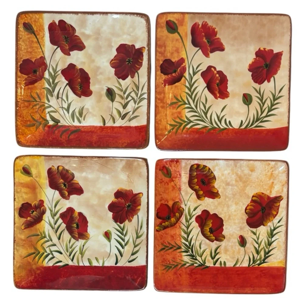 Pier 1 Poppies Plates Large 10.5”x10.5” Hand Painted Earthenware 4 Pc Set Red